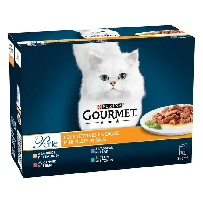 GOURMET® PERLE MINI FILETS IN SAUS MET KALKOEN, EEND, LAM EN TONIJN - 12x85g