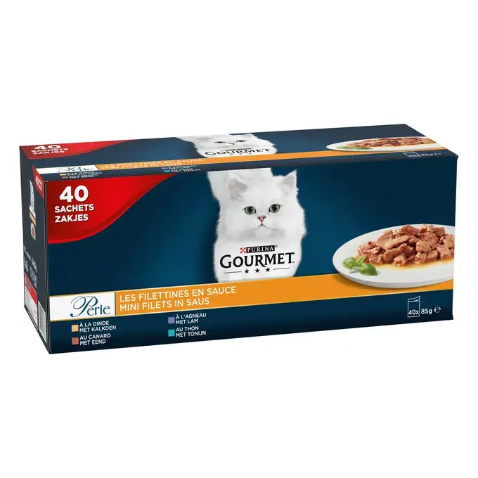 GOURMET® PERLE MINI FILETS IN SAUS MET KALKOEN, EEND, LAM EN TONIJN - 40x85g