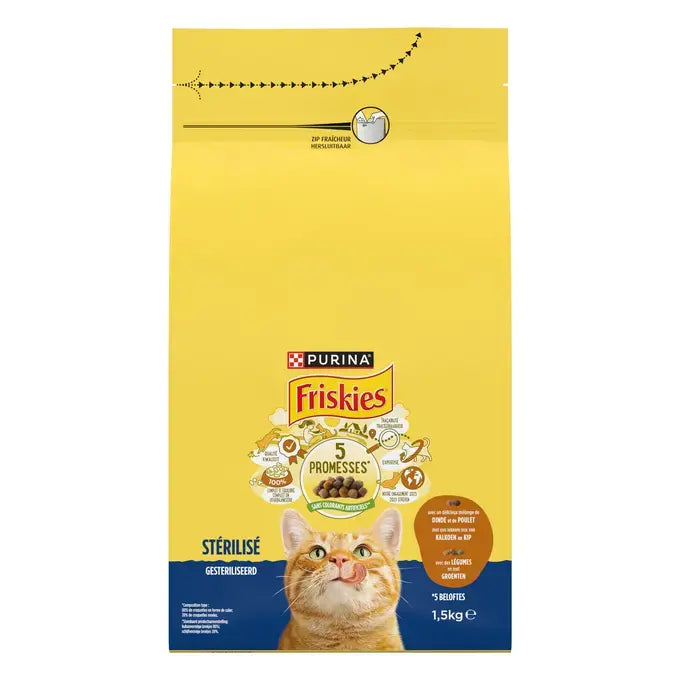 FRISKIES® GESTERILISEERDE Kattenvoer met kip, kalkoen en groenten 1,5kg