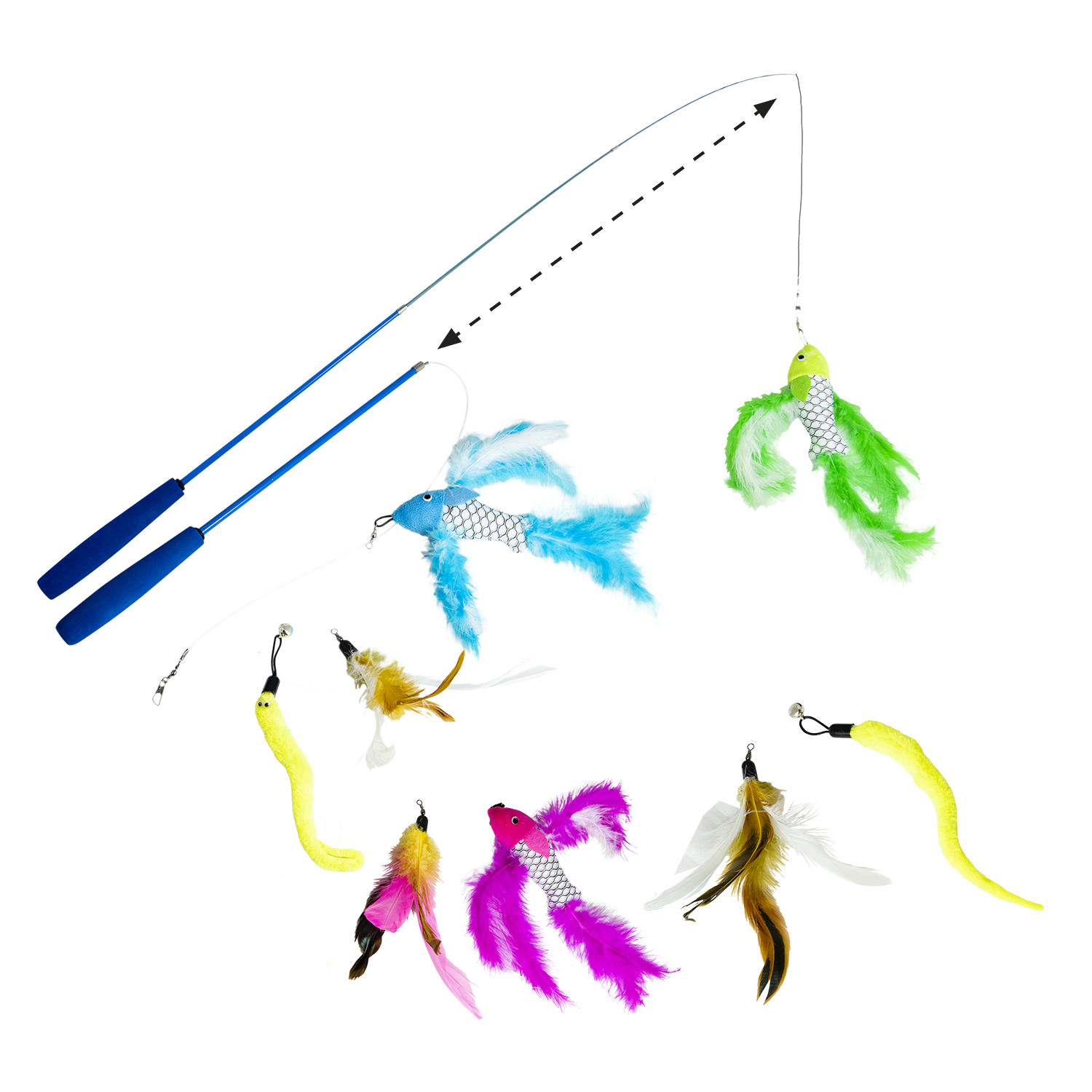JV FUN DANGLERS Kattenhengel met vis veer en worm meerkleurig