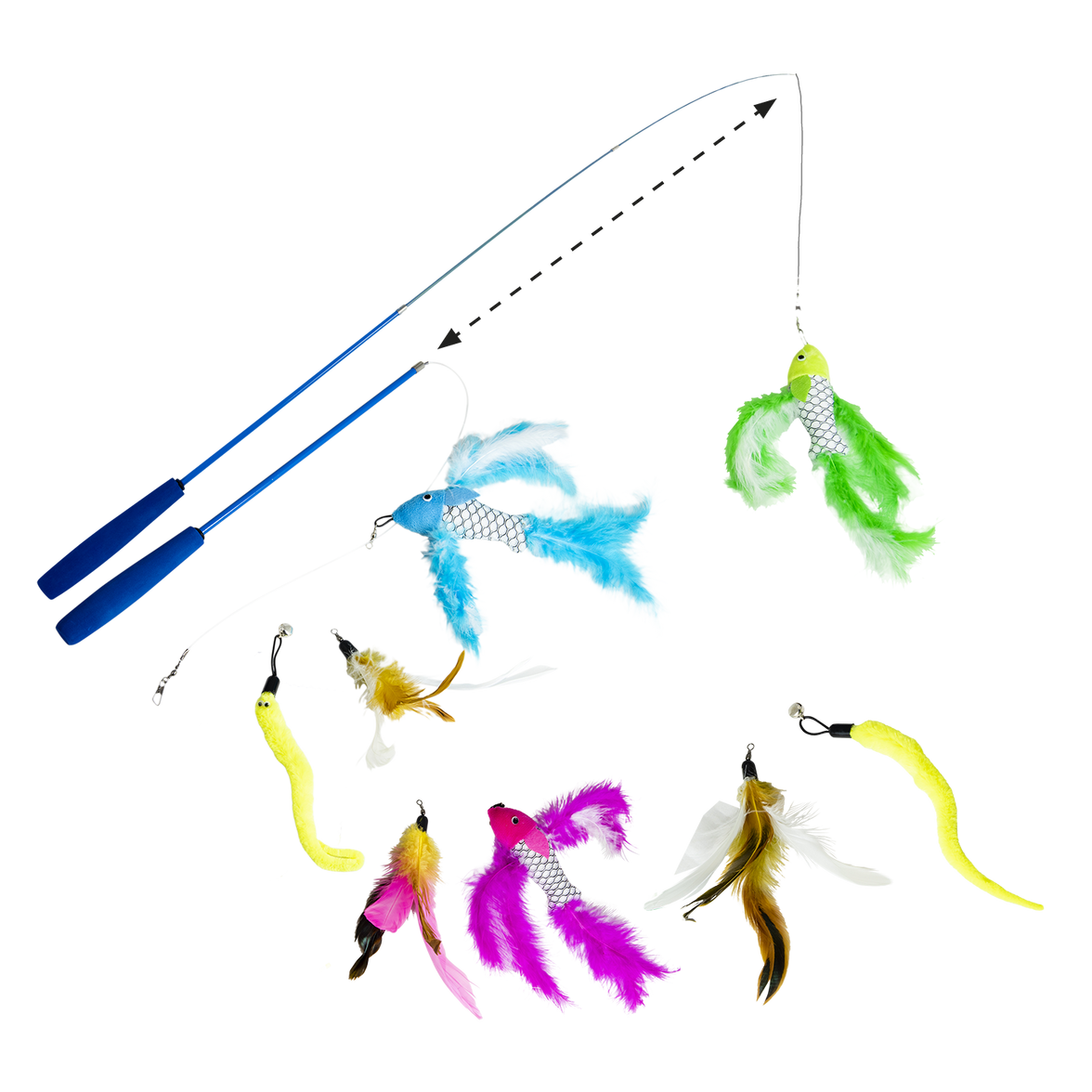 JV FUN DANGLERS Kattenhengel met vis veer en worm meerkleurig
