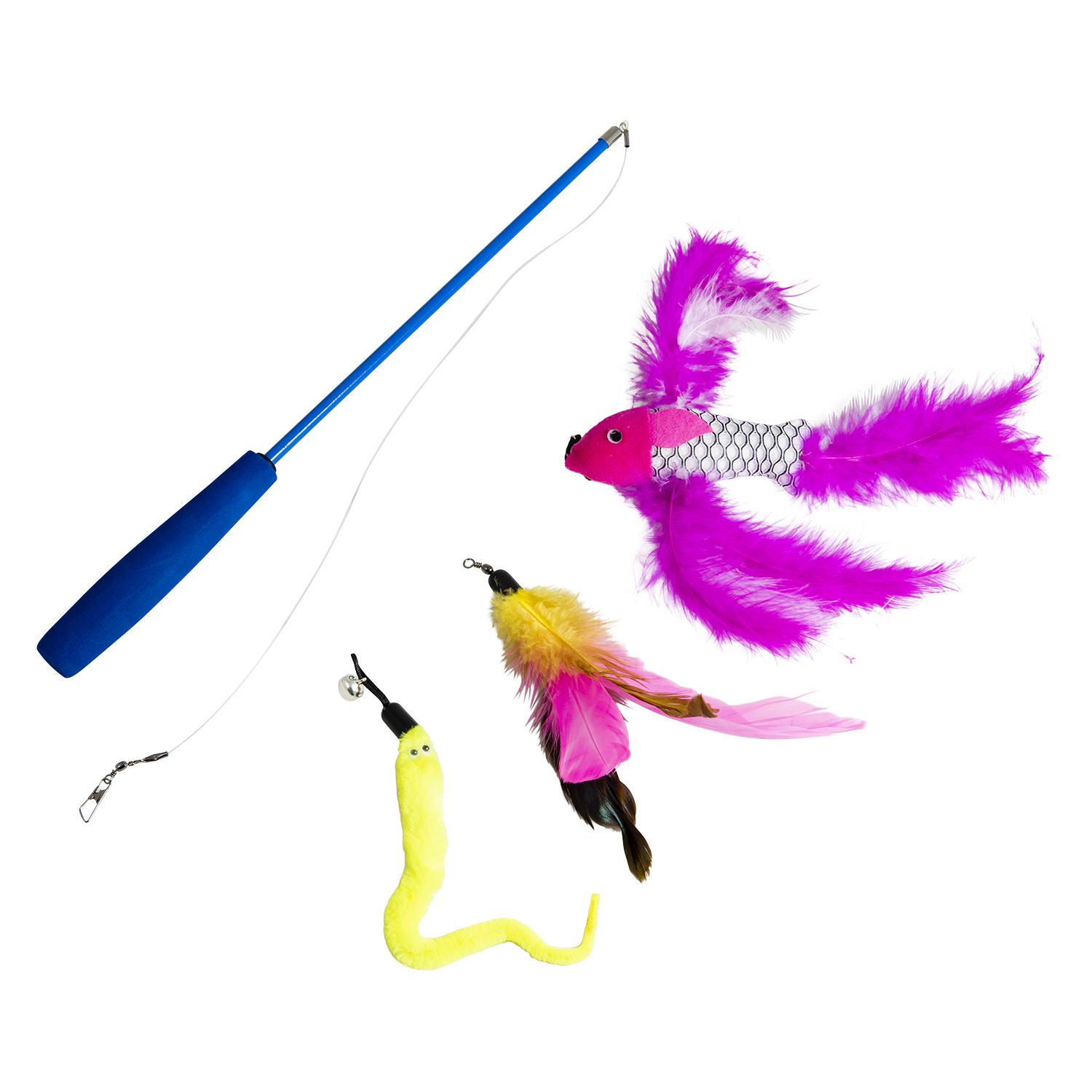 JV FUN DANGLERS Kattenhengel met vis veer en worm meerkleurig
