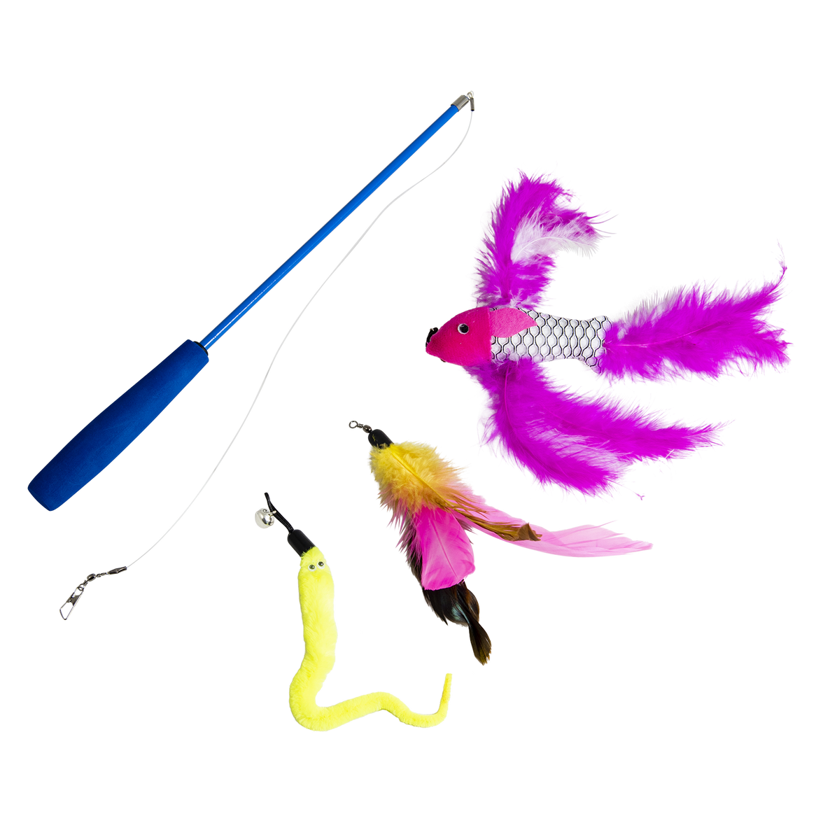 JV FUN DANGLERS Kattenhengel met vis veer en worm meerkleurig