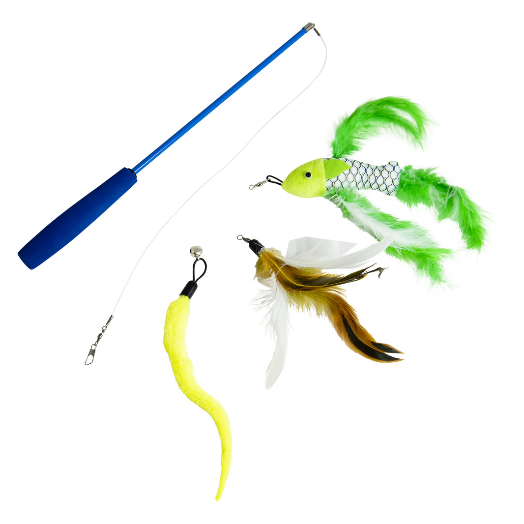 JV FUN DANGLERS Kattenhengel met vis veer en worm meerkleurig