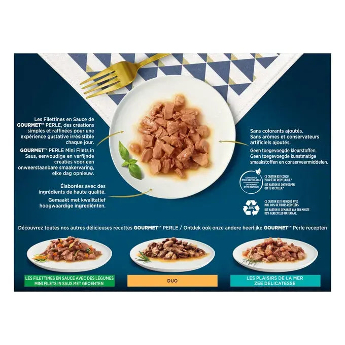 GOURMET® PERLE MINI FILETS IN SAUS MET KALKOEN, EEND, LAM EN TONIJN - 12x85g