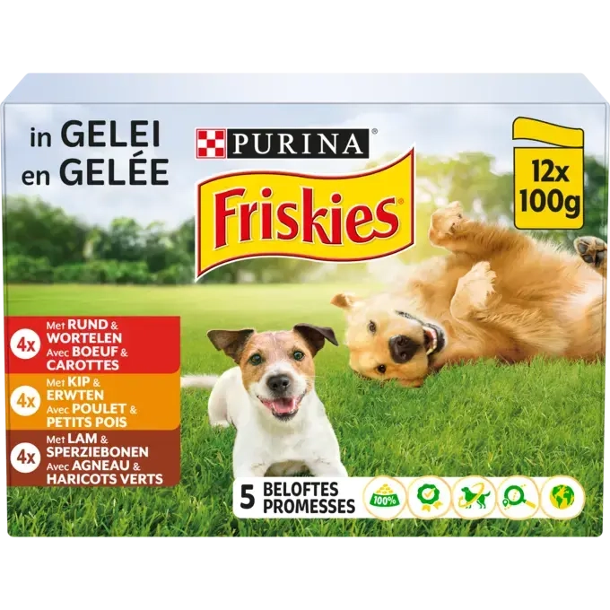 FRISKIES® ADULT natte voeding met Kip, Rund en Lam in gele 12x100g