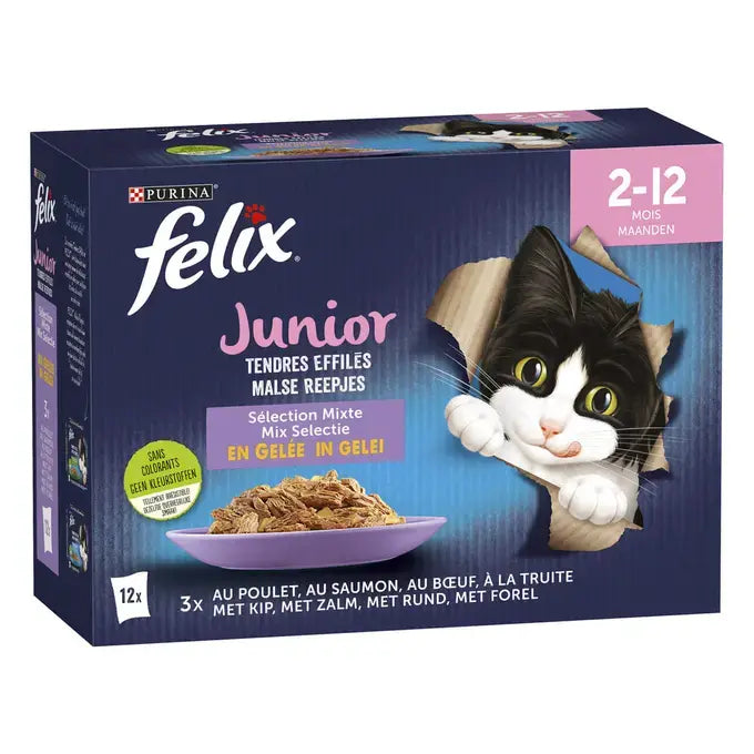 FELIX® MALSE REEPJES Junior Selectie met Vlees en Vis in Gelei 12x85g