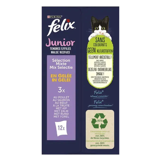 FELIX® MALSE REEPJES Junior Selectie met Vlees en Vis in Gelei 12x85g