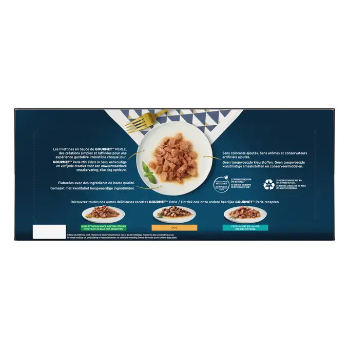 GOURMET® PERLE MINI FILETS IN SAUS MET KALKOEN, EEND, LAM EN TONIJN - 40x85g