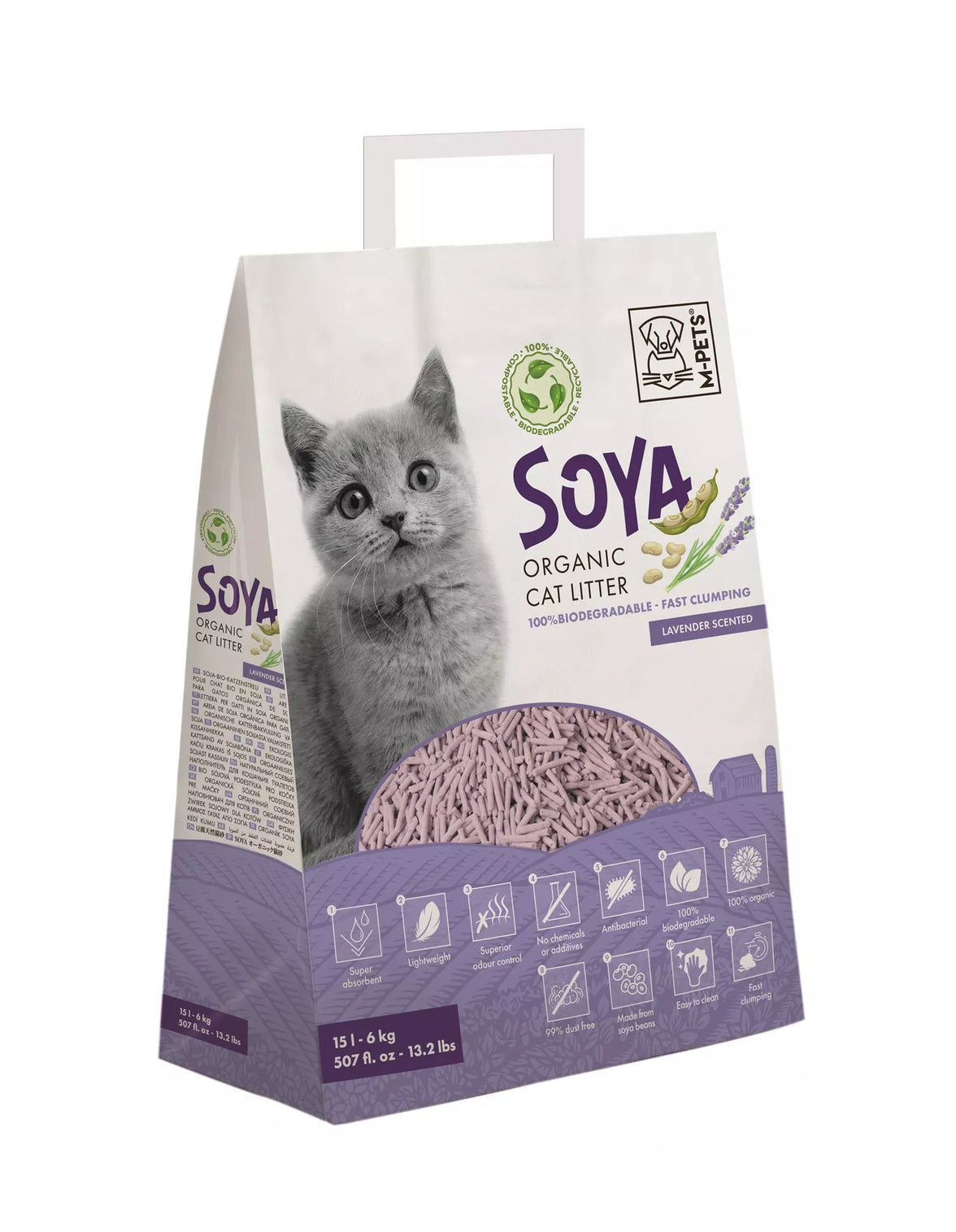 SOYA Organische kattenbakvulling 6kg 15L Lavendel