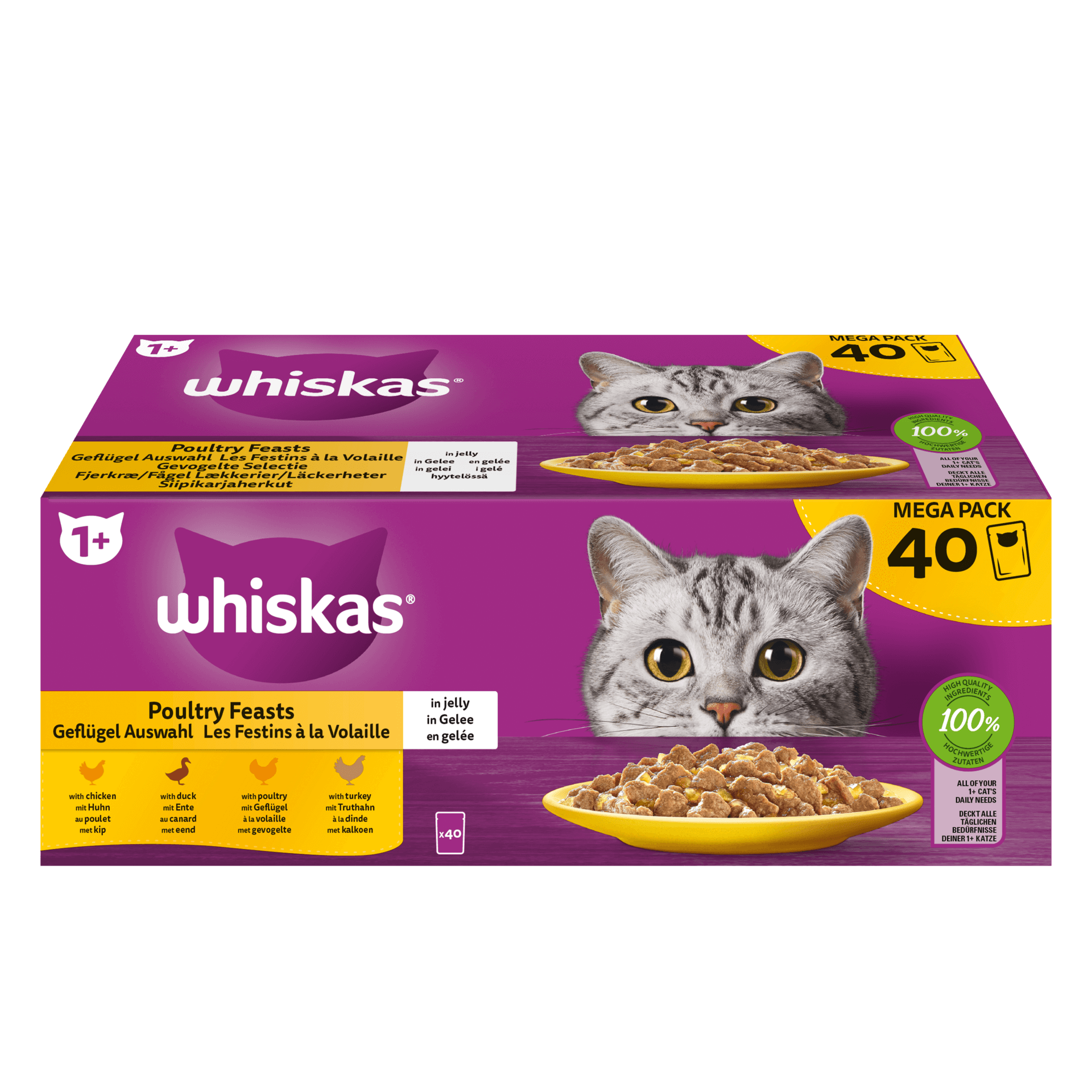 Whiskas Adult 1+ Kattennatvoer Multipack Gevogelte Selectie in Gelei 40x85g