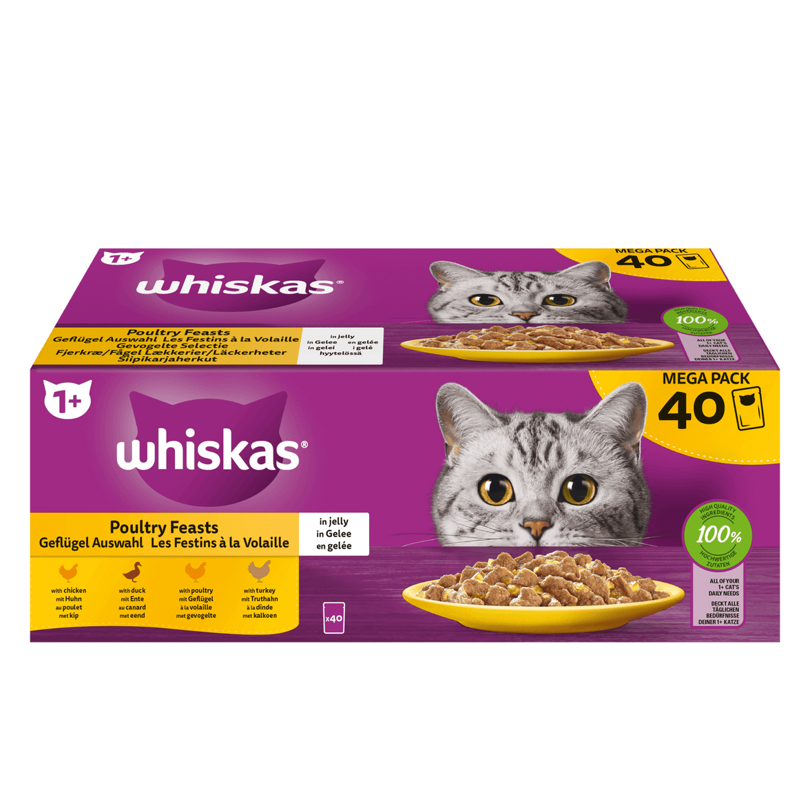 Whiskas Adult 1+ Kattennatvoer Multipack Gevogelte Selectie in Gelei 40x85g