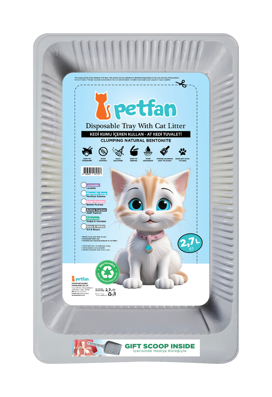 Wegwerp kattentoilet met kattenbakvulling baby poeder 5x2.7L met schep