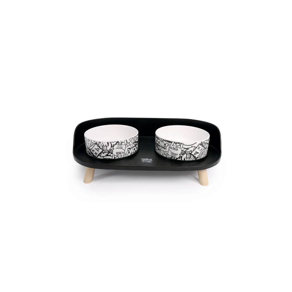 M-PETS ALTITUDE URBAN STYLE - Dubbel verhoogd voerbakje zwart-wit